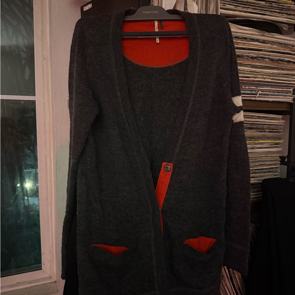Free People Gray and Red Cardigan